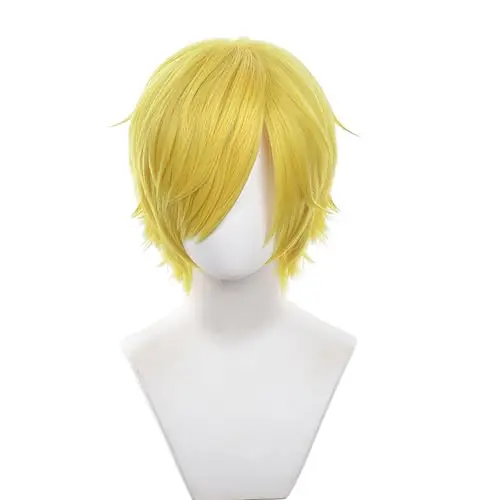 XiongXiongLe upturned short blonde anime cosplay wig with natural scalp and hat
