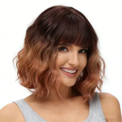 Rose bud ombre orange wavy bob wig with bangs