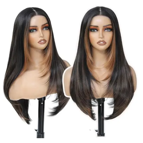 Pre-cut lace glueless black honey blonde skunk stripe wig