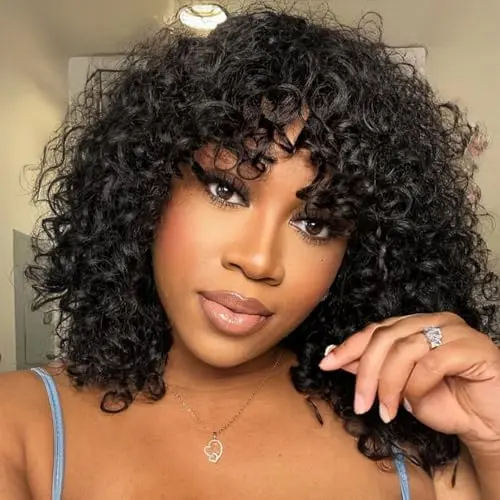Youngirl short curly human hair wig with bangs in natural black