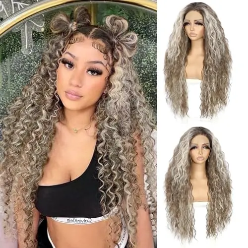 Sapphirewigs 26 inch curly synthetic lace front wig with highlighted light brown and blonde