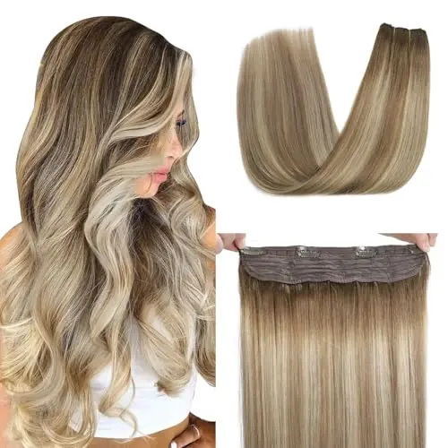 XDhair Halo Hair Extensions Human Hair 14 Inch Walnut Brown to Ash Brown and Blonde