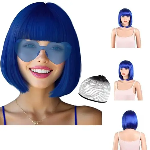 LIULIUBTY royal blue straight bob wig with flat bangs and heart sunglasses