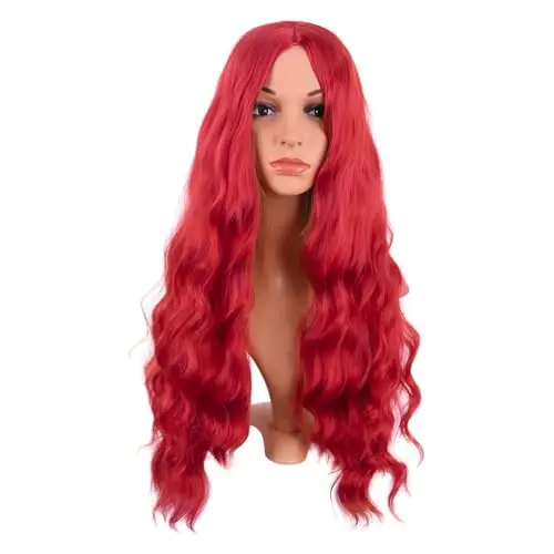 MapofBeauty 28-inch bright red wavy no bangs wig shown on a mannequin head
