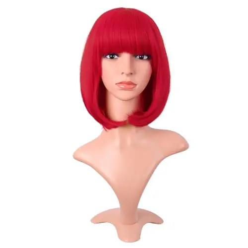MapofBeauty 12 Inch Straight Flat Bangs Wig in Bright Red