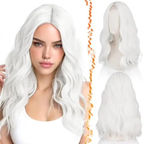 BARSDAR 18 inch medium wavy white wig with lace front part
