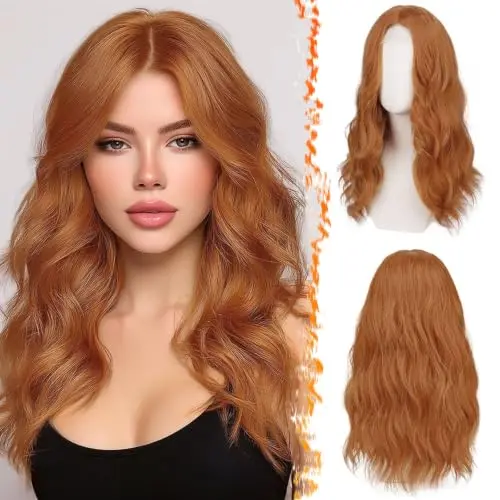 BARSDAR 18-inch wavy copper medium length synthetic wig with lace part