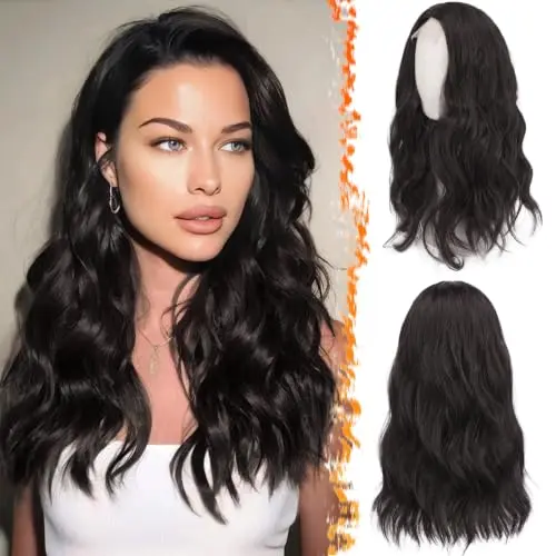 BARSDAR 18-inch dark brown wavy synthetic wig with middle part