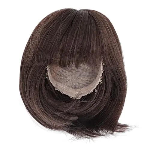 Aramox Straight Bang Shoulder-Length Wig dark brown on doll head