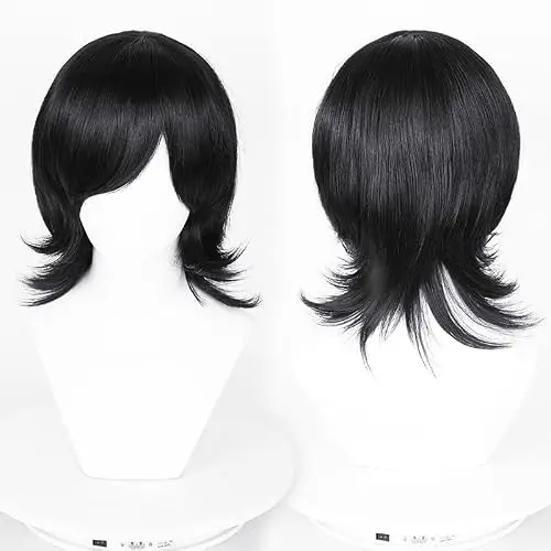 Short fluffy black wig with bangs on a mannequin head