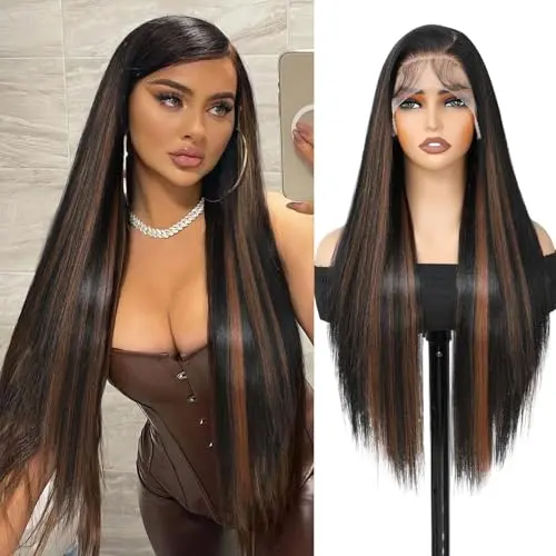 XCHJH 13x4 Straight HD Lace Front brown highlight wig