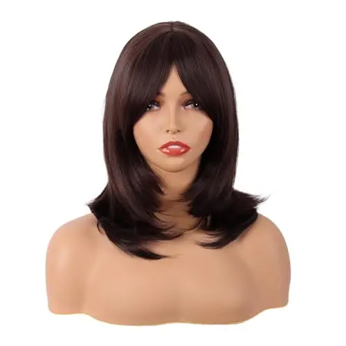 MapofBeauty 18 inch straight bangs shoulder length wig dark brown