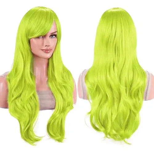 IMISSU 28 inch long water wavy bright green cosplay wig with bangs