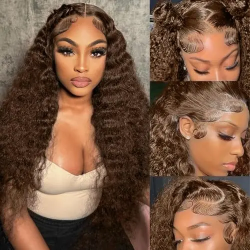 Chocolate brown deep wave 20-inch human hair lace front wig on a stand