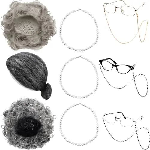 HYICED 12-piece old lady costume set with three wigs, three glasses, three chains, and three pearl necklaces