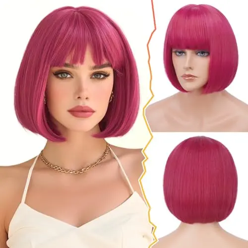 BARSDAR pink red chin-length bob wig with straight bangs