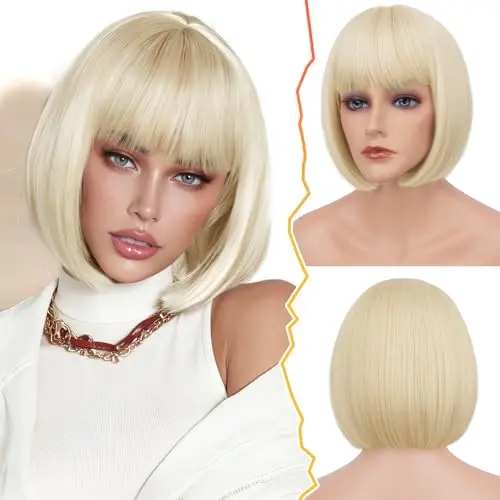 BARSDAR 12-inch light blonde bob wig with straight-across bangs