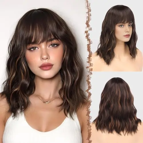 Dark brown highlighted wavy shoulder-length synthetic wig with bangs