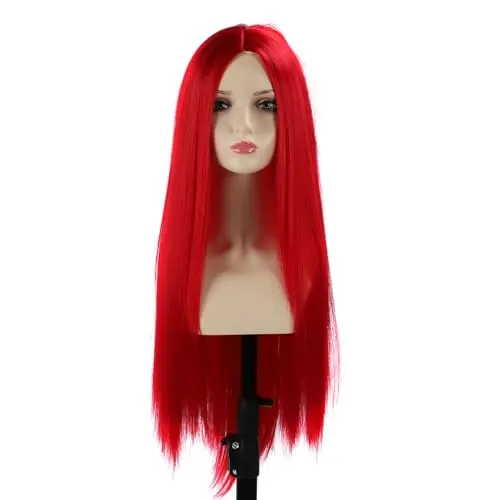 Red long straight synthetic centre part wig with built-in hairnet
