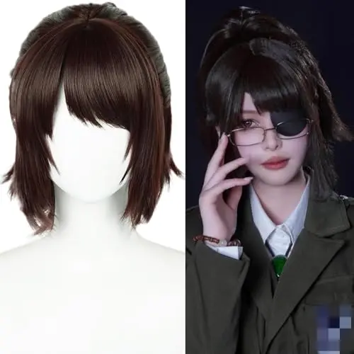 Short dark brown ponytail cosplay wig with bangs for Hange