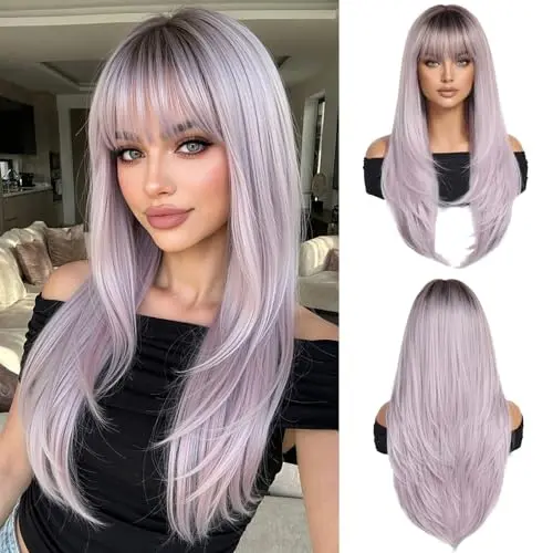 Light purple long layered wig with bangs for pop-punk style