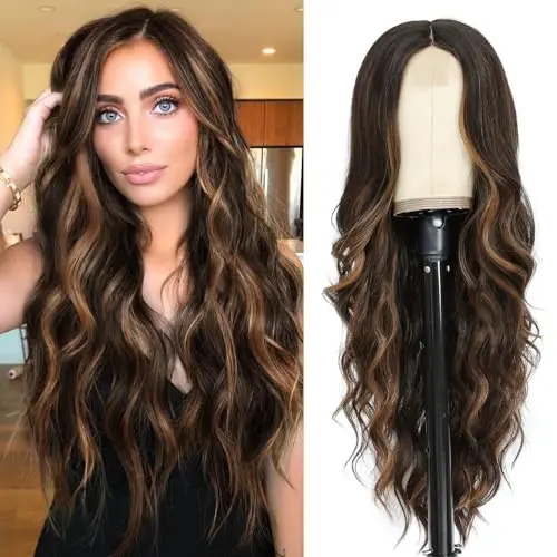 NAYOO brown highlights 26-inch wavy wig with bangs on model