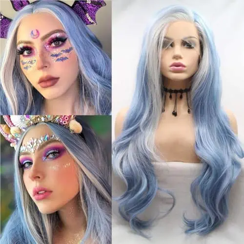 Blue and grey highlight long body wave wig