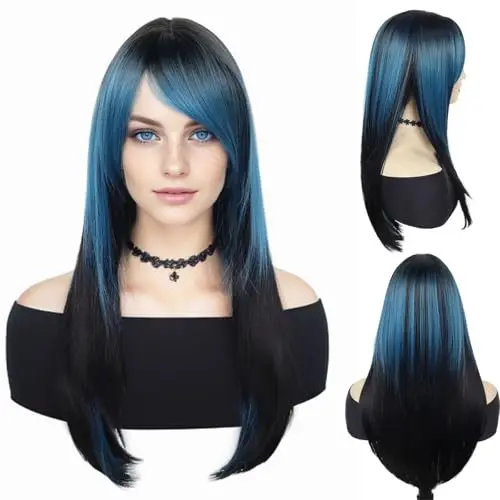 GNIMEGIL 26-Inch Two-Tone Blue-Black Emo Wig