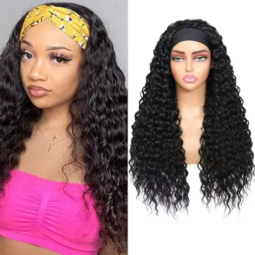 Yacurcur 24 inch curly headband wig in natural black water wave style