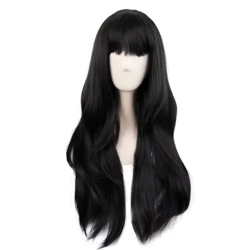 MapofBeauty 28 inch curtain bangs synthetic fiber wavy curly wig black