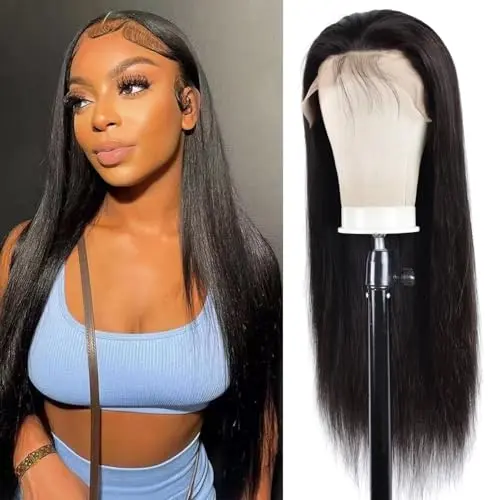 Model wearing a black 13x6 straight lace front human hair wig with baby hair
