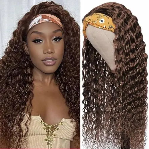 Chocolate brown deep wave headband wig on a mannequin head