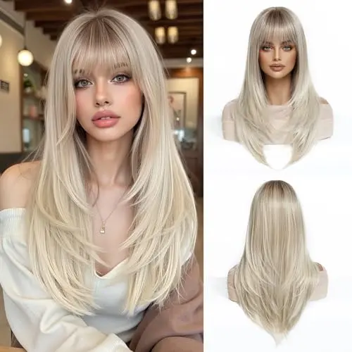 Esmee long straight layered blonde ombre synthetic wig with bangs