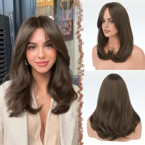 FESHFEN 18 inch light brown layered straight wig with bangs
