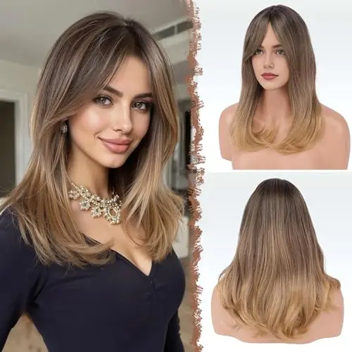 FESHFEN layered straight wig with bangs in black roots to brown blonde on model