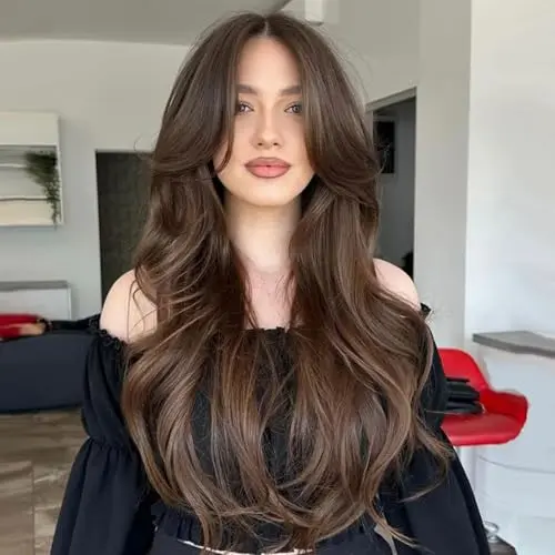 Aisaide dark brown long wavy layered wig with curtain bangs for women synthetic 24 inch