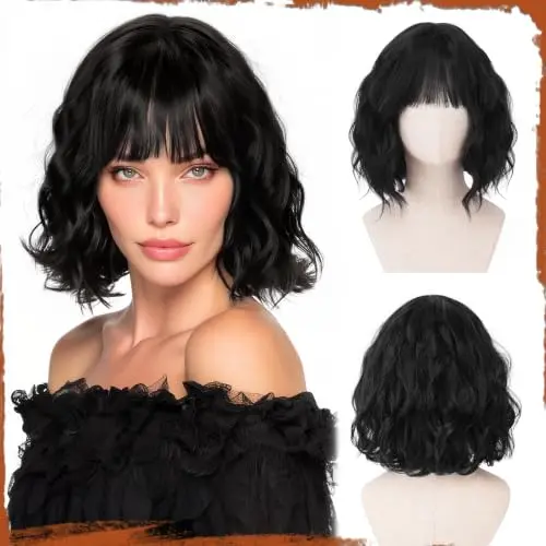 Sofeiyan 12 Inch Black Bob Wig with Bangs Burgundy design soft synthetic hair