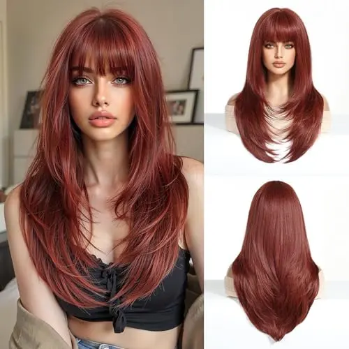 Esmee long straight burgundy layered wig with bangs on a model