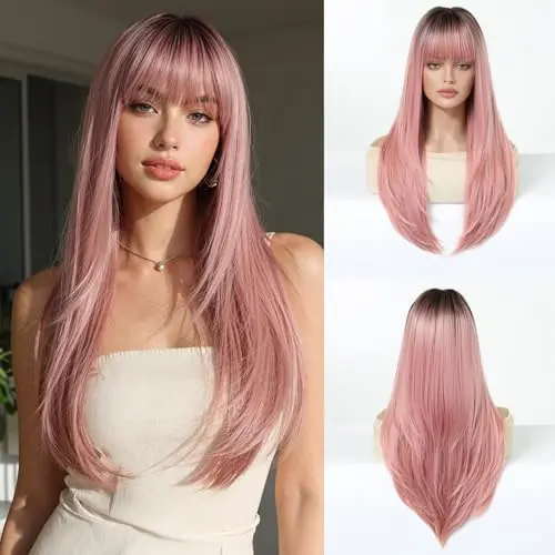 Esmee 24-inch straight ombre pink wig with bangs displayed on a mannequin