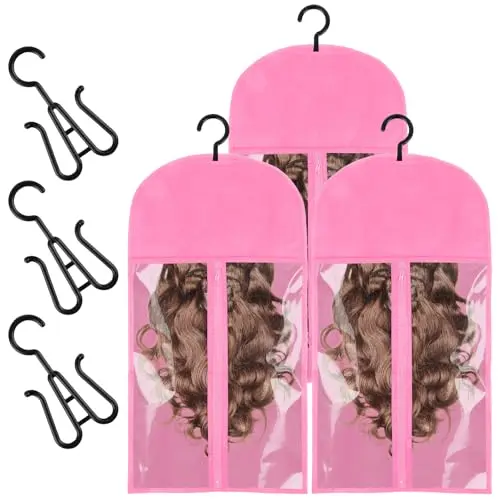 Opvixi pink portable wig storage bags with hanger hooks and transparent window