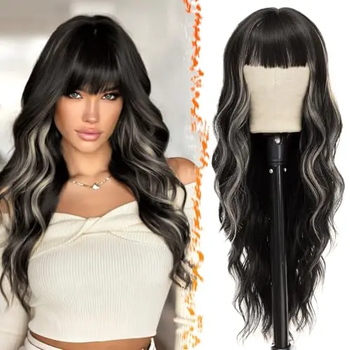 BARSDAR 26 inch long wavy black mix blonde wig with bangs