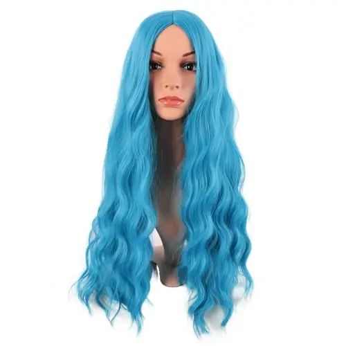 MapofBeauty cyan blue long no-bangs curly wig