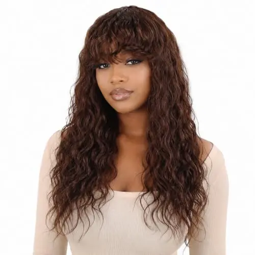 Natural brown body wave human hair wig with bangs, 24 inch length