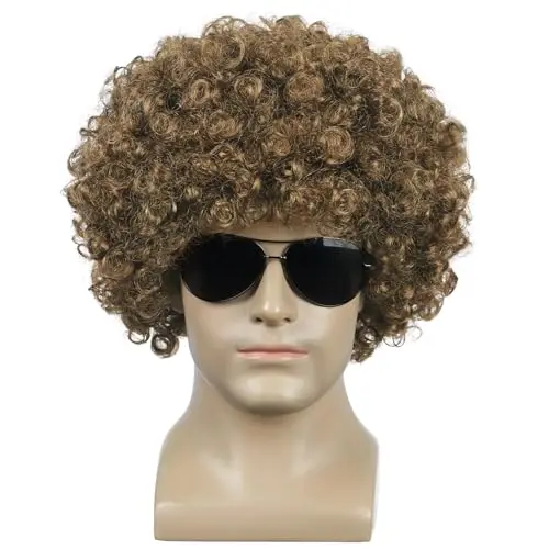 Short brown curly fluffy afro wig on model