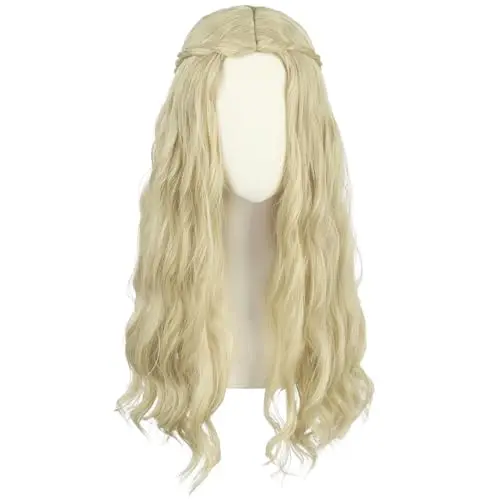 Long blonde wavy synthetic wig on model