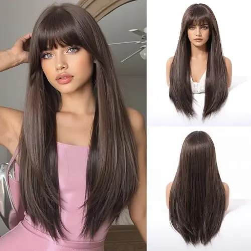 Esmee 26 inch long straight brown synthetic wig with bangs and adjustable cap