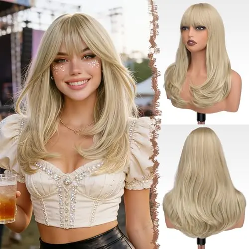 FESHFEN long straight dirty blonde wig with bangs