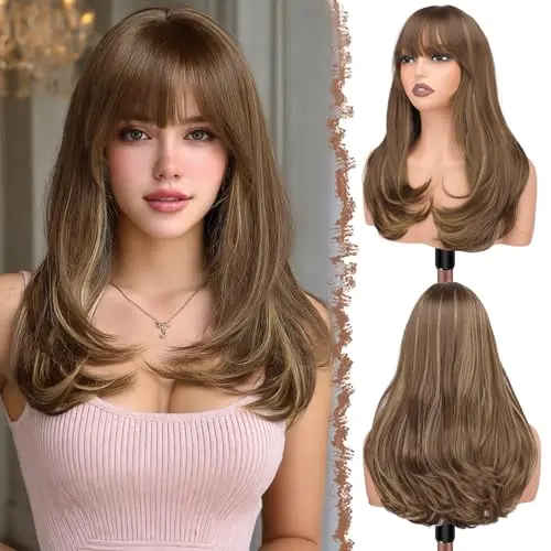 FESHFEN 18-inch layered straight synthetic wig with bangs in brown mixed blonde