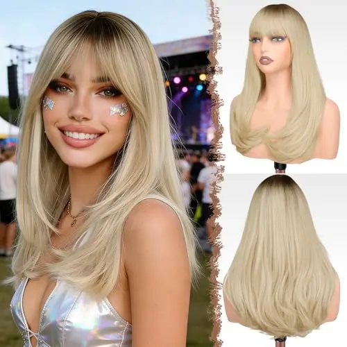 FESHFEN long straight synthetic wig with bangs in ombre blonde