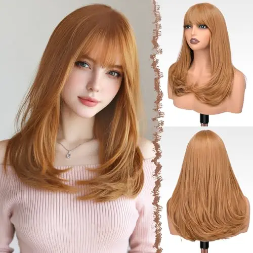 FESHFEN Auburn Brown Bangs Straight Wig